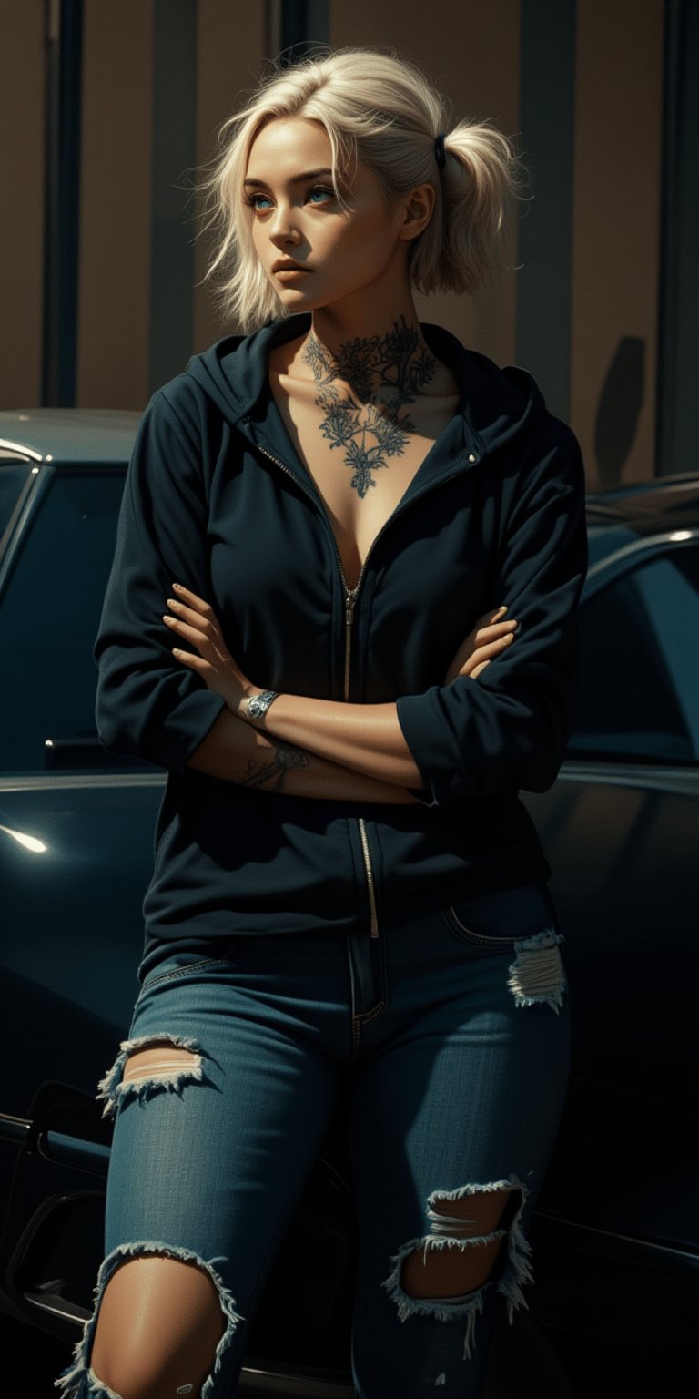 Low-lit alleyway at night, cinematic still. A British female gangster stands tall, confident and imposing, against the hood of a sleek black car. Her blonde short hair is styled in a messy, undone look, framing her striking blue eyes and angular features. A heavy tattoo adorns her neck, adding to her intimidating aura.

She's dressed in a black hoodie, baseball cap, and ripped jeans, her physique honed from years on the streets. The dark background amplifies her good looks, as she leans against the car with a serious expression, radiating an air of authority. Details are insane: every tattoo, every rip in the jeans, every strand of hair is meticulously rendered.

The lighting is perfect - high contrast, maximum brightness. This movie still screams 'Epic Land' from the rooftops.