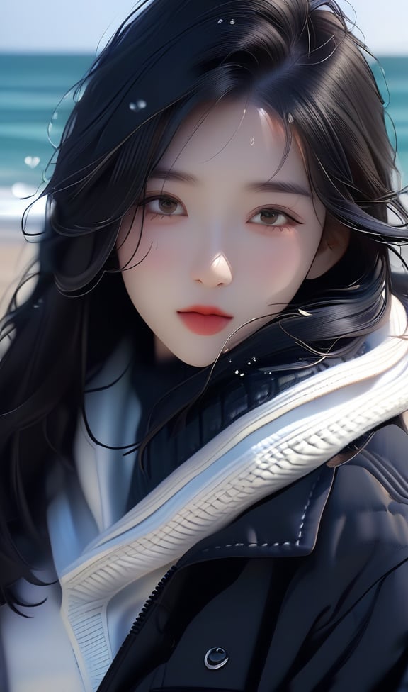 Realistic, HD, 16k, masterpiece, high_resolution, 1girl, white_skins, long_black_hair (wave_hair), light_brown_eyes, wet_lips, winter clothes, upper_body, beautiful dramatic dark night view of beach on background, more_sharpness, more_contrast, Ultra High Definition