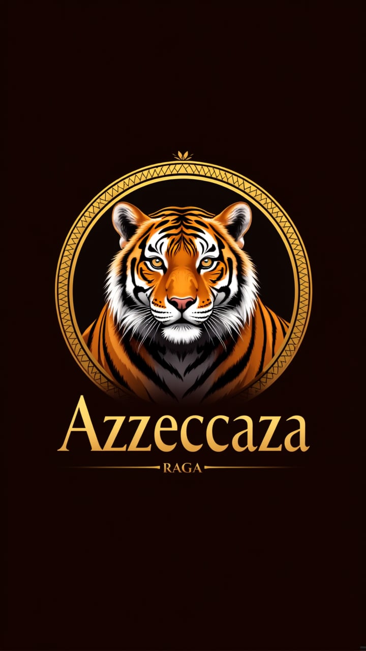 Capture the majesty of Azzeccaza's logo: a regal tiger centered within an elegant golden frame, radiating strength and wildness. The tiger's sleek fur glistens in the warm light, as its piercing gaze commands attention. Boldly integrated below, the text 'Azzeccaza' shines in a luxurious font, contrasting beautifully against the tiger's fiery coat. A symphony of gold, dark brown, and cream hues harmonize to evoke luxury, sophistication, and untamed power.