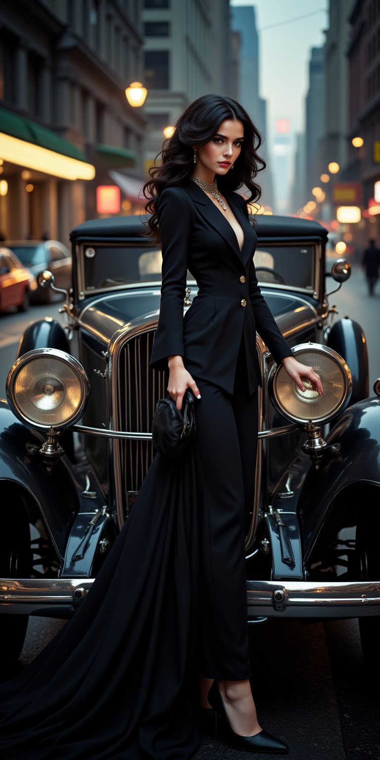 Mysterious mistress, Lady LaRosa, poses confidently amidst the gleaming curves of her prized 1930 Cadillac V16 Madame X Sedan Cabriolet, parked on a dimly lit New York City street at dusk. Her alluring gaze, framed by luscious locks and a hint of smoky eye, exudes sophistication as she gazes out into the night. Perfectly coiffed, her raven hair falls like silk against her porcelain skin, illuminated by the soft glow of city lights. The 35mm camera captures every detail, from the sharp creases on her fitted suit to the intricate patterns on the car's chrome trim, in a hyper-realistic masterpiece of 16k resolution.