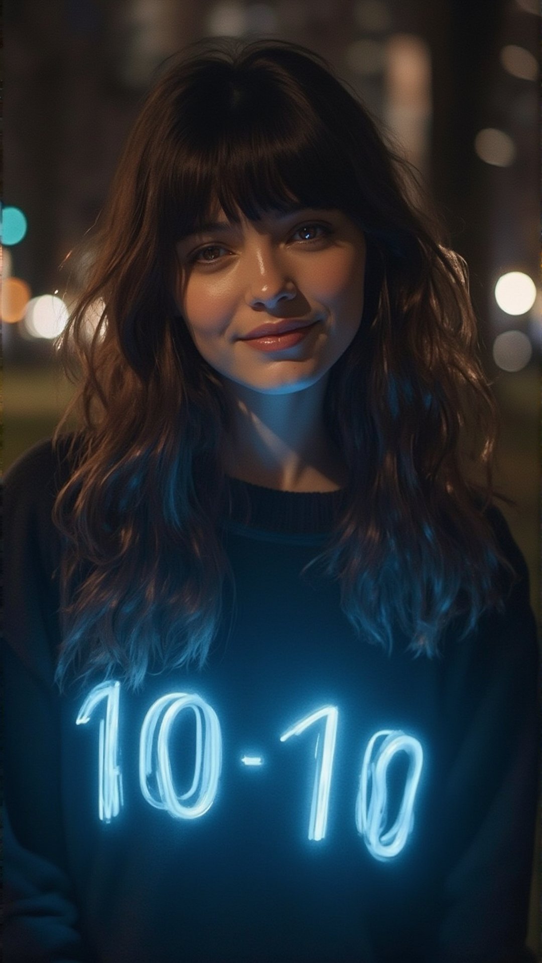 Masterpiece, beautiful 18 year old french girl, long wavy hair, bangs, brown eyes, glossy lips, wearing oversized sweater with the text "10-10" flashing in light blue neon light, in a city park, outdoors, happy pose, dark atmospheric, flash photography, perfect lighting