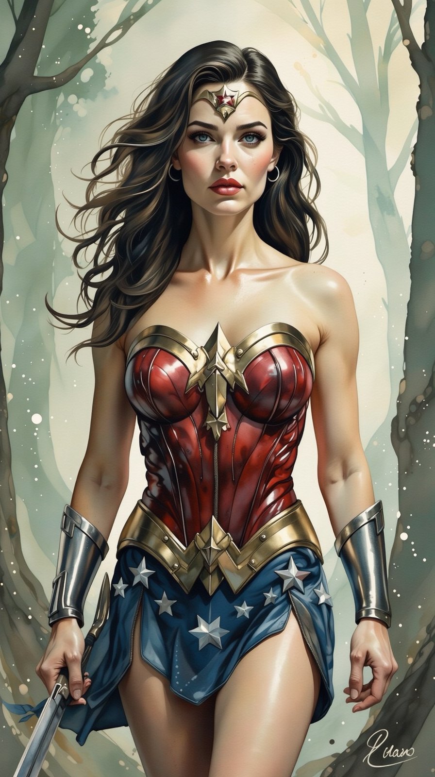 Watercolor-inspired portrait of a Wonder Woman. The background dissolves into an abstract blend of forest greens and browns, punctuated by occasional splashes of light creating a serene atmosphere. Her figure stands in high contrast against the muted backdrop, drawing focus, upper body, more contrast