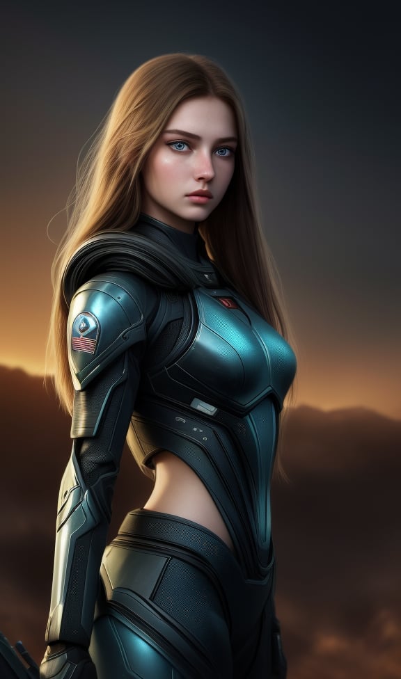 A photorealistic masterpiece in 8K resolution. A 18-year-old girl with long hair, light blue eyes, and sexy lips walks on an alien planet, exuding emotionless confidence. She intimidates the aliens, as flames engulf the post-apocalyptic landscape. Perfect lighting highlights her sharp features, balanced brightness enhances the dystopian atmosphere, and Ultra High Definition brings forth intricate details.