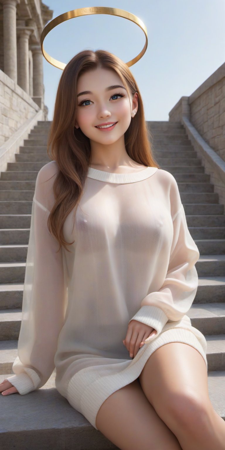 Ultra High Definition portrait of an 18-year-old girl sitting on outdoor stairs, bathed in warm natural light that casts gentle shadows on her porcelain skin. She gazes directly at the viewer with a subtle smile, her mysterious eyes seeming to glow in the soft illumination like celestial bodies. Her flawless body is framed by a see-through oversized sweater and mini-skirt, her long hair cascading around her face like a golden halo as she sits serenely on the worn stone stairs.