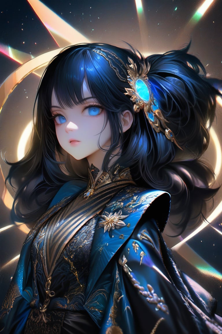 8k, semi_realistic, masterpiece, 1girl, 18 y.o, long black hair, light_blue_eyes, perfect body, looking to viewers, She is very badass, she wears a very luxurious outfit. detailed image, detailed skin, upper_body 1:3, Surrealis chromatic background, ((masterpiece: 1.2)), lasers and light particles in background, perfect lighting, more sharpness, balance brightness, Ultra High Definition