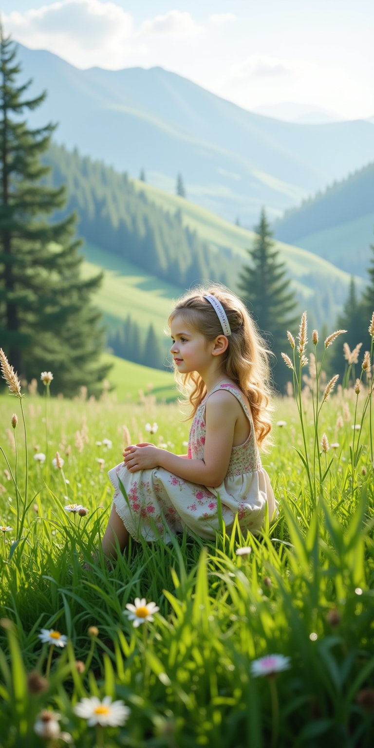 Capture the serene moment: A young girl, lost in play, sits amidst a lush, emerald-green meadow, surrounded by tall grasses gently swaying in the morning breeze. The dew-kissed blades glisten like diamonds. In the distance, rolling hills and valleys unfold, dotted with pine trees standing tall against the sky's soft blue hue.