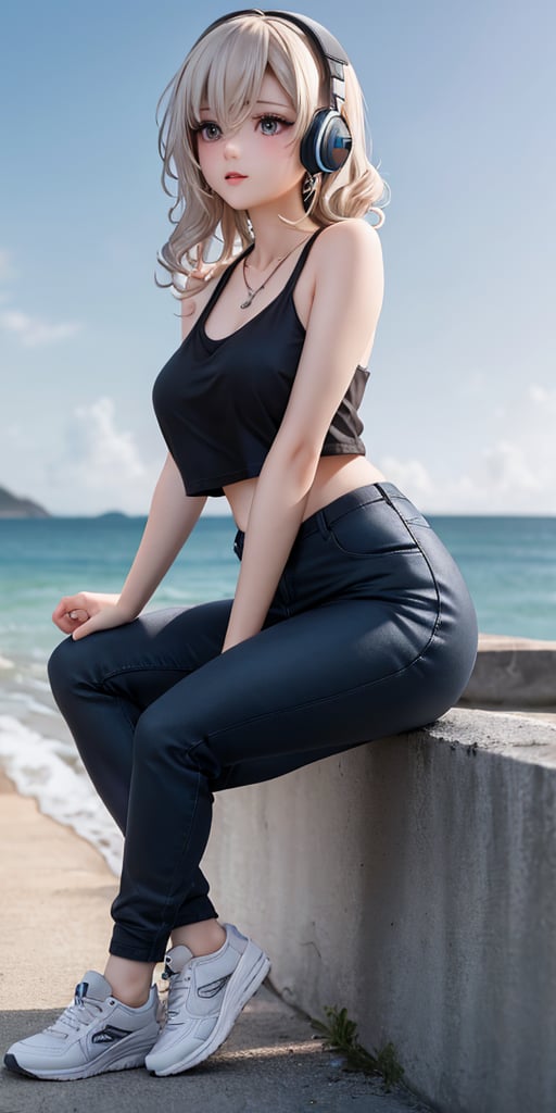 French girl with grey-blonde hair styled in loose, curly waves, sits at the edge of a serene seaside, her long legs clad in wide cargo pants and loose-fit top, both in all black. Her feet are planted firmly in sneakers, while she relaxes, headphones wrapped around her ears. A delicate necklace and earrings adorn her neck and lobes. The horizon stretches out before her, meeting the sky at a perfect 45-degree angle. Sharp focus captures every detail of her features, from the finely etched eyelashes to the sharp jawline. Dynamic composition guides the viewer's eye to hers, as she gazes out at the endless blue.