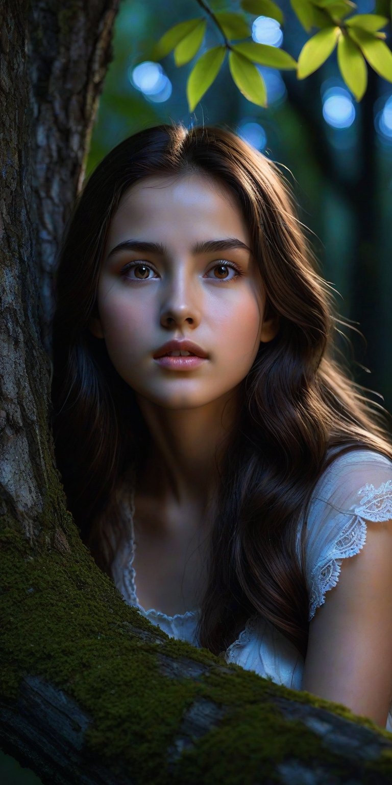 Under the canopy of a dense 8k resolution forest, a stunning 18-year-old girl with dark brown long hair and captivating brown eyes sits alone, her perfect body illuminated only by the soft glow of fireflies. Glossy lips and porcelain skin gleam in the dim light as she leans against the gnarled trunk of an ancient tree, where a silent owl perches like a sentinel. The darkness is punctuated only by the faint moonlight filtering through the leaves, casting long shadows across her tear-stained face. In this HD masterpiece, the photorealistic beauty of the girl is juxtaposed with the haunting atmosphere of the night, yet her features remain resplendent, a beacon of loveliness in the midst of sorrow.