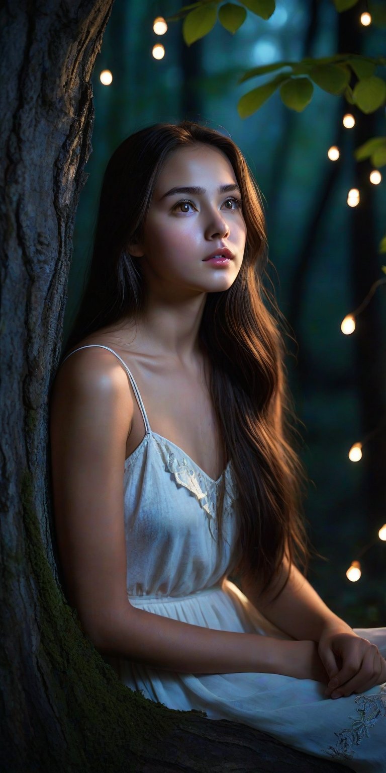 Under the canopy of a dense 8k resolution forest, a stunning 18-year-old girl with dark brown long hair and captivating brown eyes sits alone, her perfect body illuminated only by the soft glow of fireflies. Glossy lips and porcelain skin gleam in the dim light as she leans against the gnarled trunk of an ancient tree, where a silent owl perches like a sentinel. The darkness is punctuated only by the faint moonlight filtering through the leaves, casting long shadows across her tear-stained face. In this HD masterpiece, the photorealistic beauty of the girl is juxtaposed with the haunting atmosphere of the night, yet her features remain resplendent, a beacon of loveliness in the midst of sorrow.