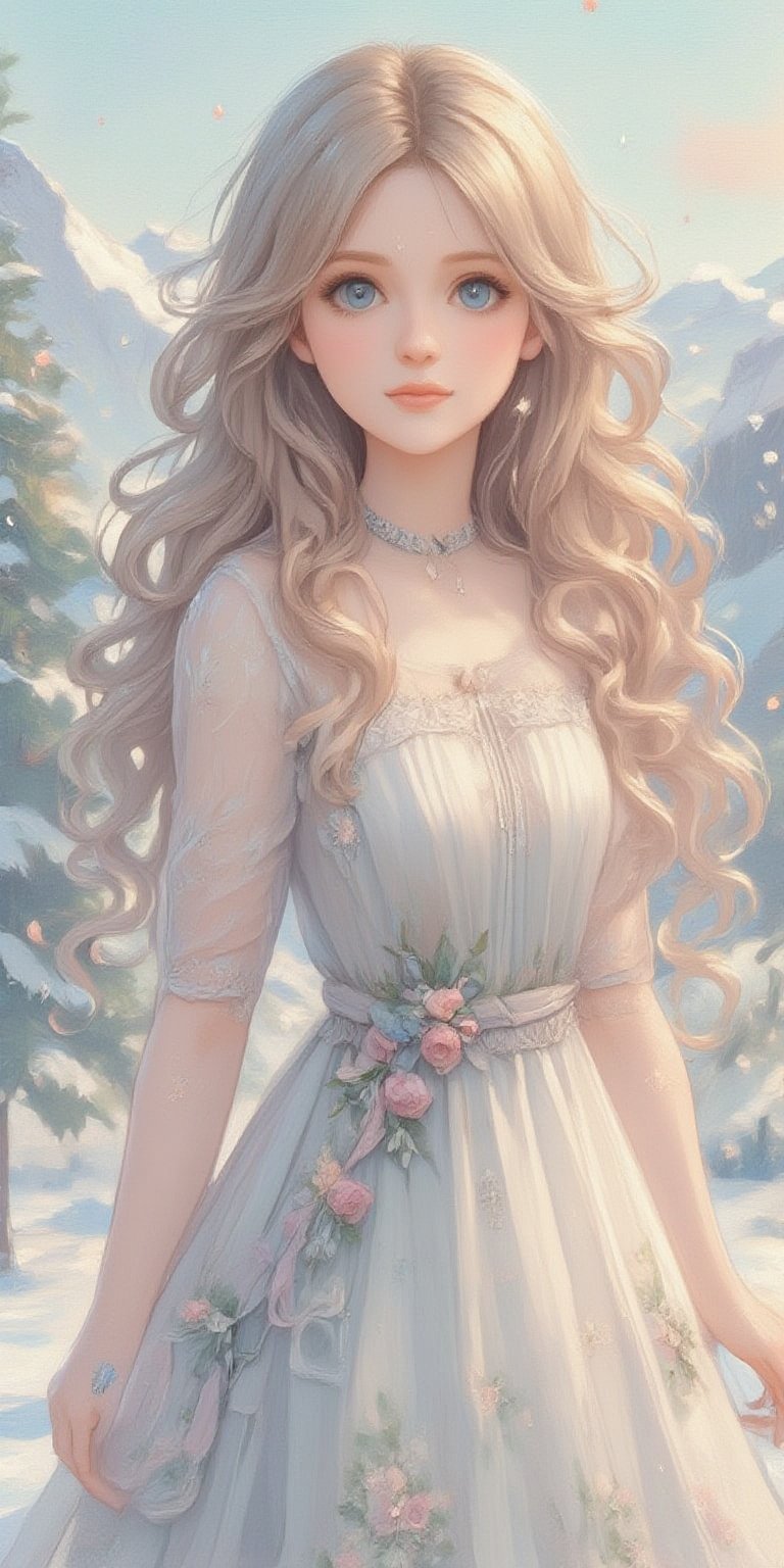 In this breathtaking oil painting on canvas, nodf_lora radiates elegance as a 18-year-old young girl stands solitary against the serene backdrop of a snow-covered winter wonderland. The soft glow of snowflakes surrounds her, highlighting the ethereal quality of her transparent dress. Her piercing light blue eyes sparkle like diamonds, drawing attention to her captivating features amidst the blurred mountains and trees in the background.