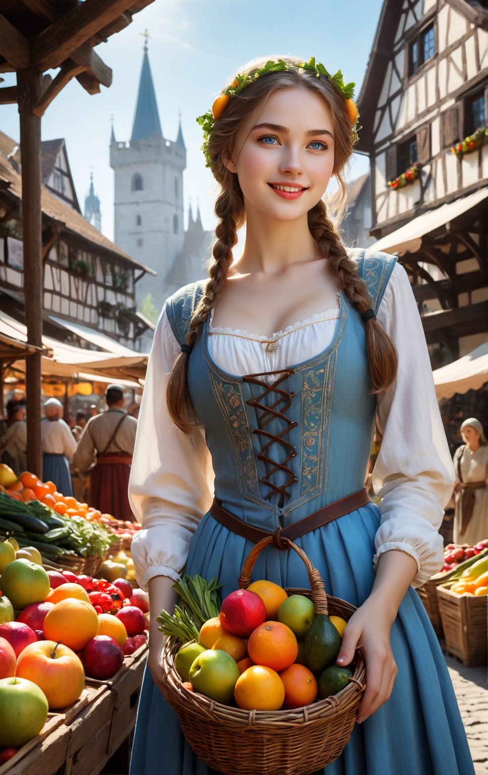 A serene 18-year-old medieval maiden, dressed in traditional attire, stands amidst the vibrant stalls of a bustling farmer's market. Her light blue eyes sparkle beneath the morning sun, and her wet lips curve into a gentle smile. Medium-sized breasts are subtly defined under her flowing garments. The air is filled with an array of colorful fruits and vegetables. In the background, half-timbered construction adorns the buildings, blending seamlessly with the natural surroundings. A masterpiece of medieval mystery unfolds, as if frozen in time. High-detail CrclWc textures bring the scene to life, reminiscent of watercolor art.