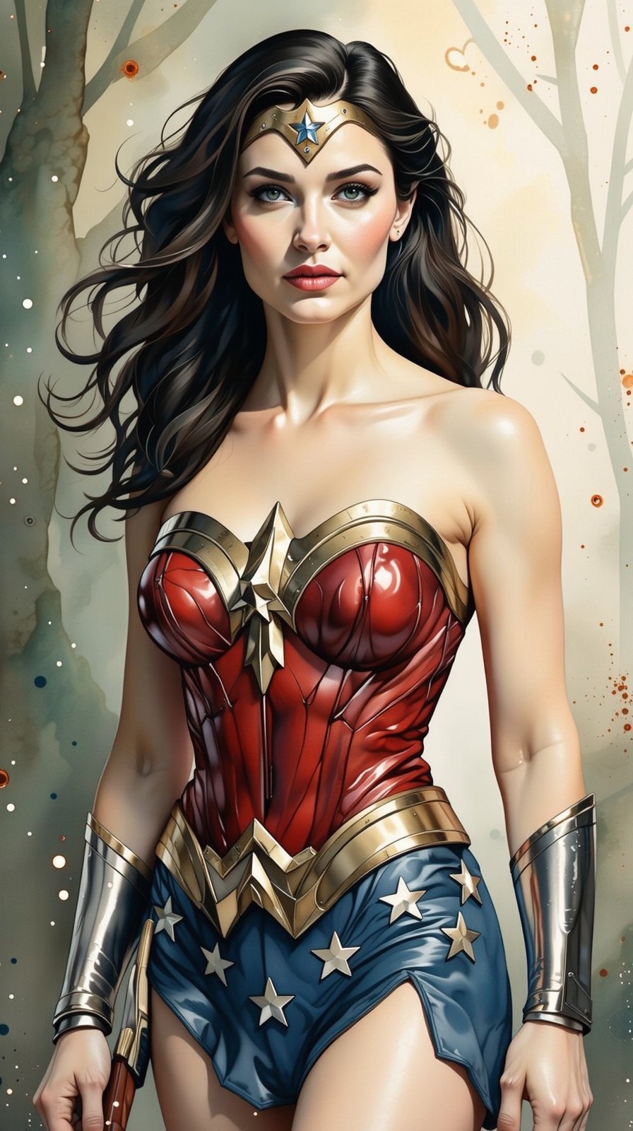 Watercolor-inspired portrait of a Wonder Woman. The background dissolves into an abstract blend of forest greens and browns, punctuated by occasional splashes of light creating a serene atmosphere. Her figure stands in high contrast against the muted backdrop, drawing focus, upper body, more contrast