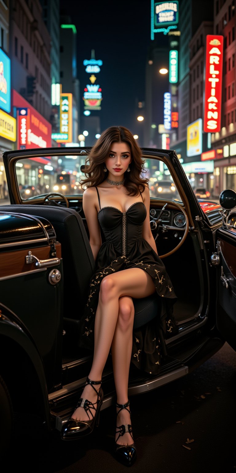 A sultry 19-year-old Mafia princess, radiant in a classic pose, sits effortlessly inside her father's prized 1934 Cadillac V16 Madame X Sedan Cabriolet, parked on a New York street at night, surrounded by the vibrant hum of city life. The camera's lens captures the sharp curves of the vintage car, the girl's flawless complexion and luscious locks, set against a bold backdrop of neon lights and dark urban landscape.