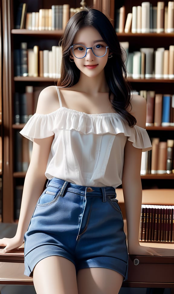 Photorealiatic, Masterpiece, HD, 8k, high_resolution, best_quality, 1girl, 18y.o, white_skins, long_black_hair (semi_curly_hair), glasses, light_blue_eyes, wet_lips, lovely_smile, medium_breasts, bare_shoulders, shot of a library girl, sexy, glowing skin, books and classical vintage wooden_rack, comfortable design library, perfect ligjting, more_realistic, Ultra High Definition