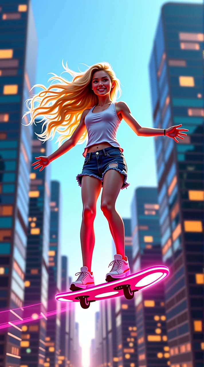 Against a backdrop of sleek, neon-lit skyscrapers, a radiant teenage girl with flowing blonde locks rides a gleaming, high-tech flying board, her body poised in a confident, athletic pose as she soars effortlessly through the urban airscape.