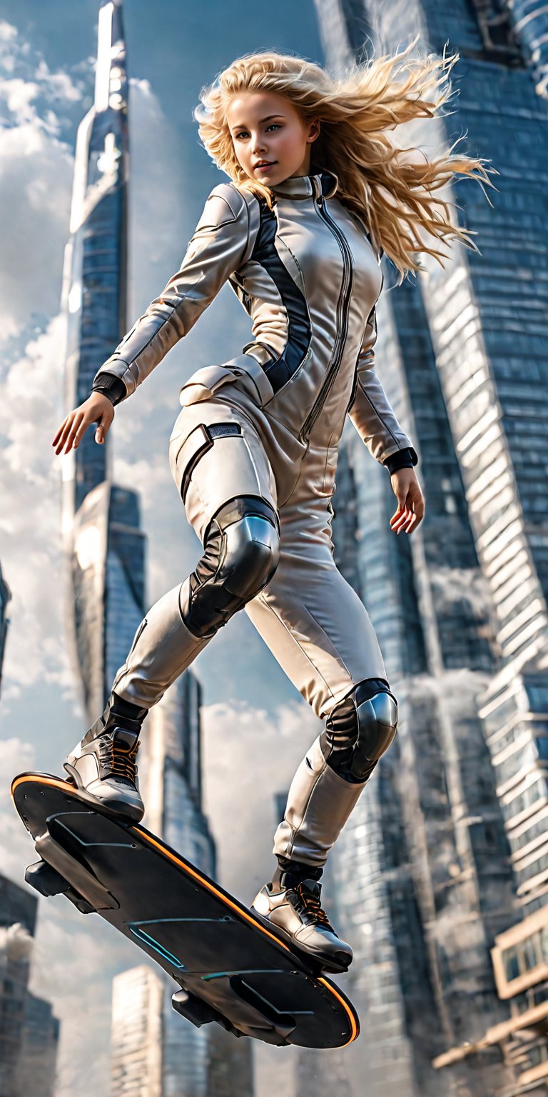 In a futuristic scene: a beautiful teenage girl, blonde waving hair, wearing a hi-tech suit, riding a futuristic flying board, she is flying on the air, past skyscrapers in a modern and futuristic city.