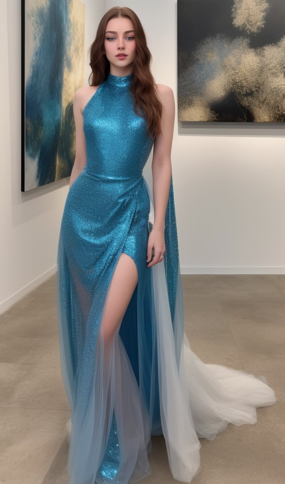 Photorealistic, HD, high_resolution, masterpiece, 8k, highly detailed, a girl, 18 y.o, long hair, light_blue_eyes, sexy_lips, full body, wearing avant-garde artistic dress, setting in a modern art gallery, highly detailed, more_contrast, more_sharpness, perfect_lighting, Ultra High Definition