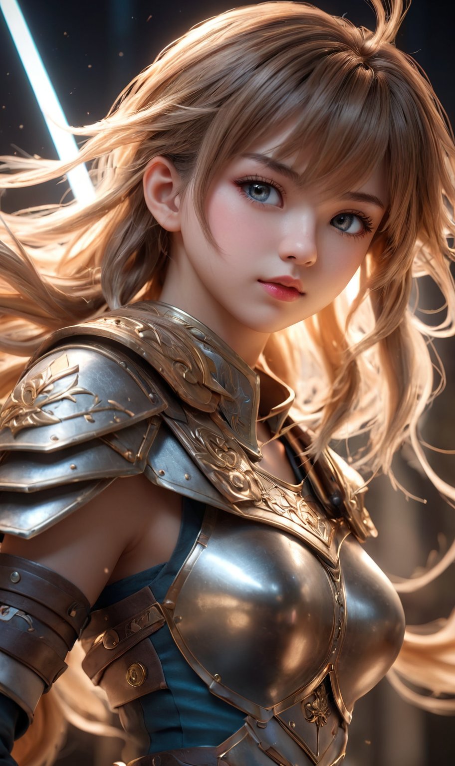 Beautiful warrior girl, 18y.o, small and cute, (eye color switch), (bright and clear eyes), anime style, depth of field, lighting cinematic lighting, divine rays, ray tracing, reflected light, glow light, side view, close up, masterpiece, best quality, high resolution, super detailed, high resolution surgery precise resolution, UHD, skin texture,full_body,chibi