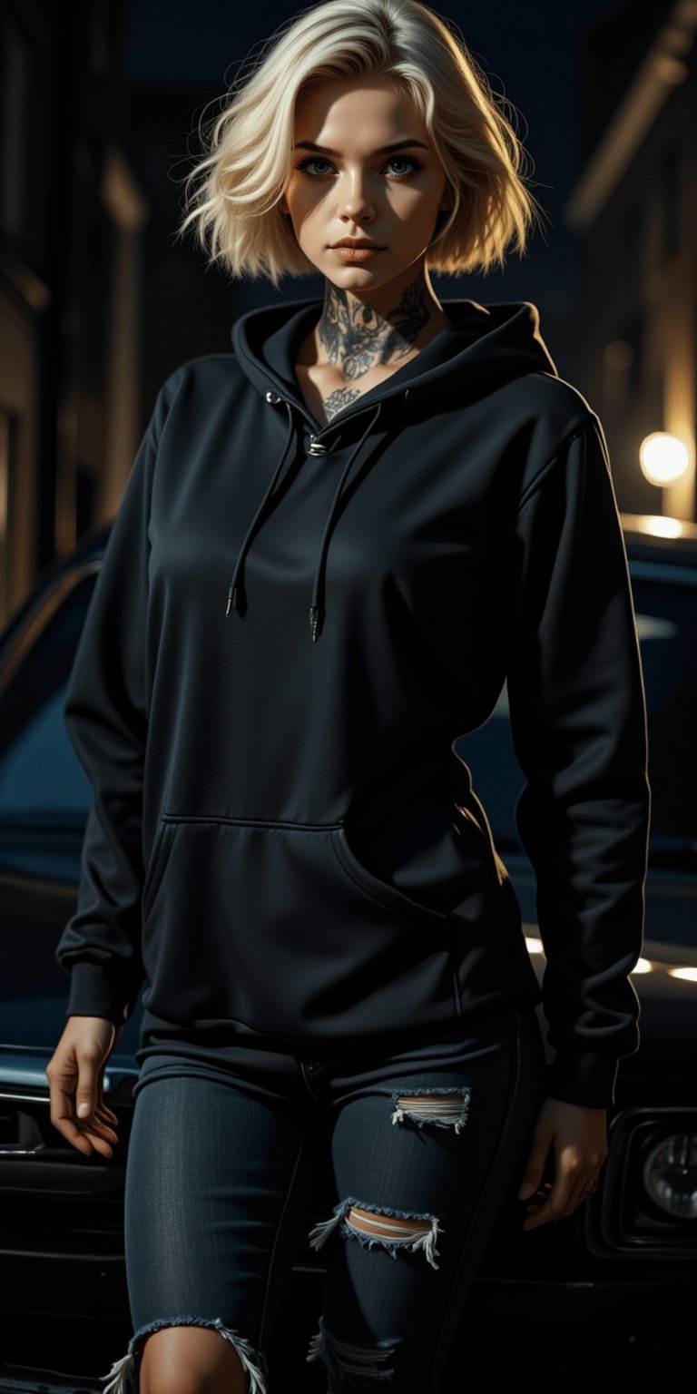 Low-lit alleyway at night, cinematic still. A British female gangster stands tall, confident and imposing, against the hood of a sleek black car. Her blonde short hair is styled in a messy, undone look, framing her striking blue eyes and angular features. A heavy tattoo adorns her neck, adding to her intimidating aura.

She's dressed in a black hoodie and ripped jeans, her physique honed from years on the streets. The dark background amplifies her good looks, as she leans against the car with a serious expression, radiating an air of authority. Details are insane: every tattoo, every rip in the jeans, every strand of hair is meticulously rendered.

The lighting is perfect - high contrast, maximum brightness. This movie still screams 'Epic Land' from the rooftops.