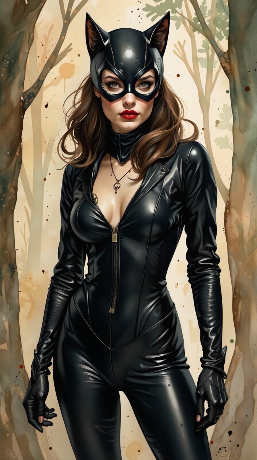 Watercolor-inspired portrait of a Catwoman. The background dissolves into an abstract blend of forest greens and browns, punctuated by occasional splashes of light creating a serene atmosphere. Her figure stands in high contrast against the muted backdrop, drawing focus.