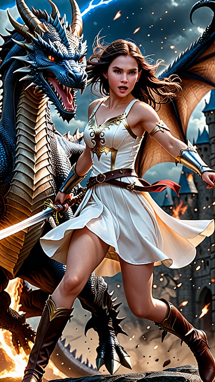 (Masterpiece, photorealistic, HD, high_resolutions, hyper_realistic, highly_detailed, 16k). A beautiful dragon hunter girl, 18 years old, white skins, dark brown long hair, light_blue_eyes, glossy_lips, perfect_body, wearing white dress, jumping in the air to attack a monsters dragon with a sword and no fear to facing the dragon. The dark night atmosphere but filled with brightly shining stars is the background for this epic battle.