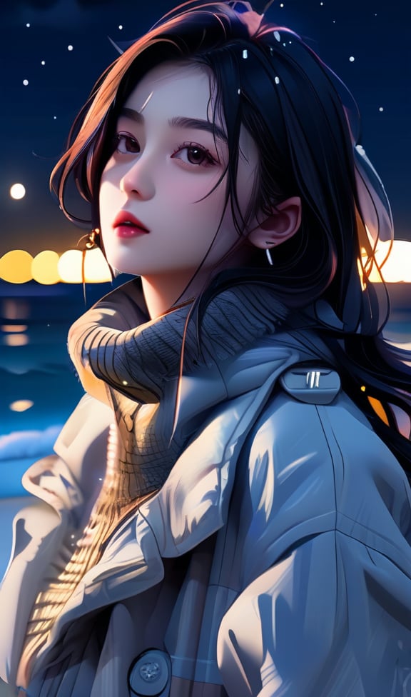 HD, 16k, masterpiece, high_resolution, realistic, 1girl, white_skins, long_black_hair (wave_hair), light_brown_eyes, wet_lips, winter clothes, upper_body, beautiful dramatic dark night view of beach on background, more_sharpness, more_contrast, Ultra High Definition