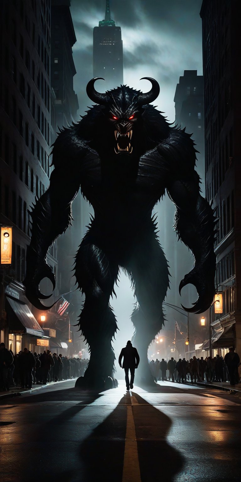 A towering, dark creature emerges from the depths of a New York City street at night, casting an ominous shadow over the fleeing pedestrians. Crowds scatter in terror as the beast looms large, its menacing presence illuminated by the faint glow of streetlights and city lights.