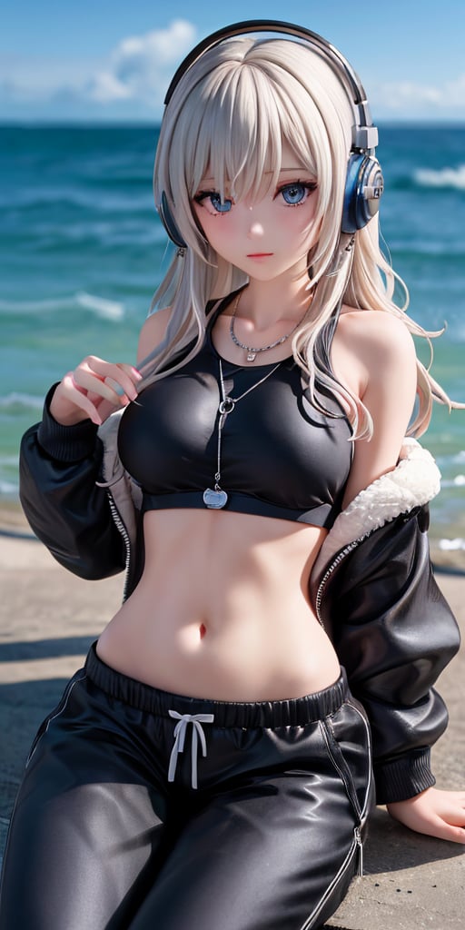 French girl,grey blonde hair(very long hair, curly_hair),hiphop dancer,wearing all black clothes (loose fit top and wide cargo pants),sneakers,headphone, sitting at sea bank,horizon,seaside,accessories(necklace,ear_rings),Best Quality, 32k, photorealistic, ultra-detailed, finely detailed, high resolution, perfect dynamic composition, beautiful detailed eyes, sharp-focus, cowboy_shot, 