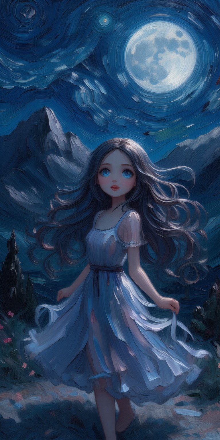 Under lunar illumination, a ravishing woman with piercing blue eyes and luscious locks stands solo amidst an ethereal wonderland at dusk. Her glossy lips seem to glow in the moon's silvery light as she dons a translucent gown, its delicate folds shimmering against the darkened landscape. In the background, majestic mountains and rolling hills rise dramatically, their contours heightened by the stark contrast between the woman's radiant aura and the night's mysterious shadows.