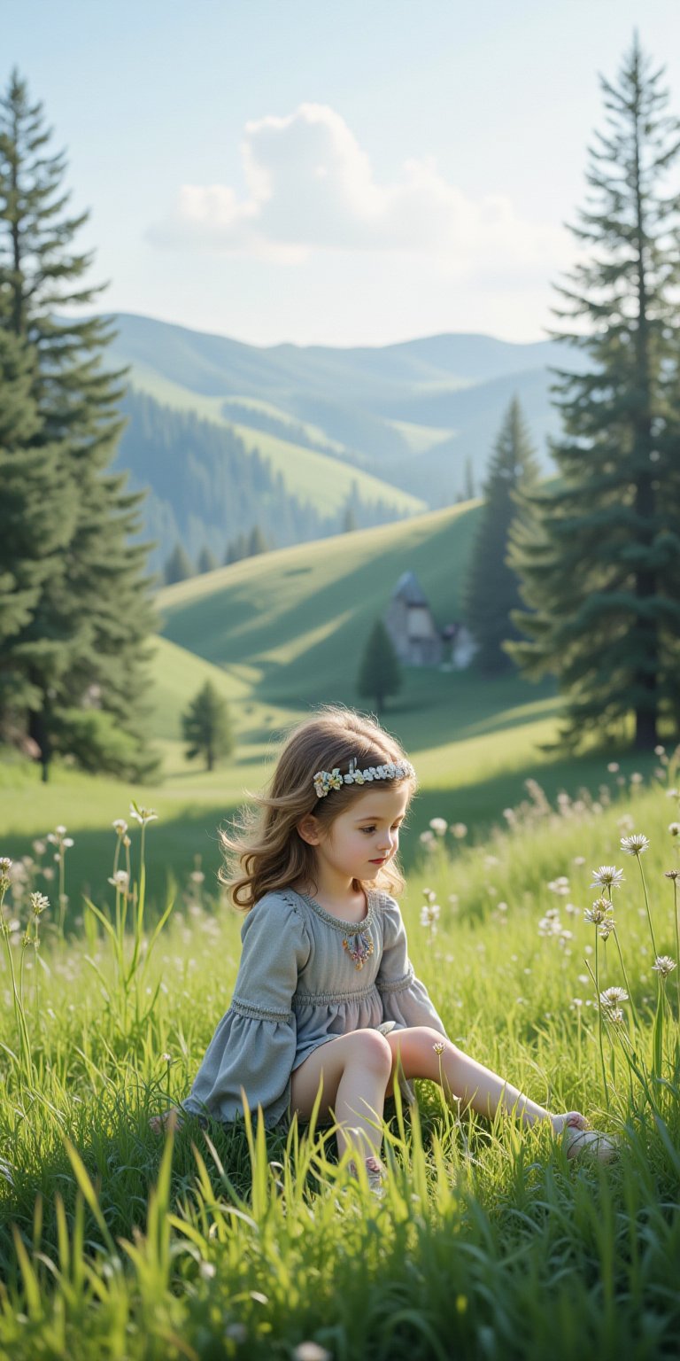 Capture the serene moment: A young girl, lost in play, sits amidst a lush, emerald-green meadow, surrounded by tall grasses gently swaying in the morning breeze. The dew-kissed blades glisten like diamonds. In the distance, rolling hills and valleys unfold, dotted with pine trees standing tall against the sky's soft blue hue.