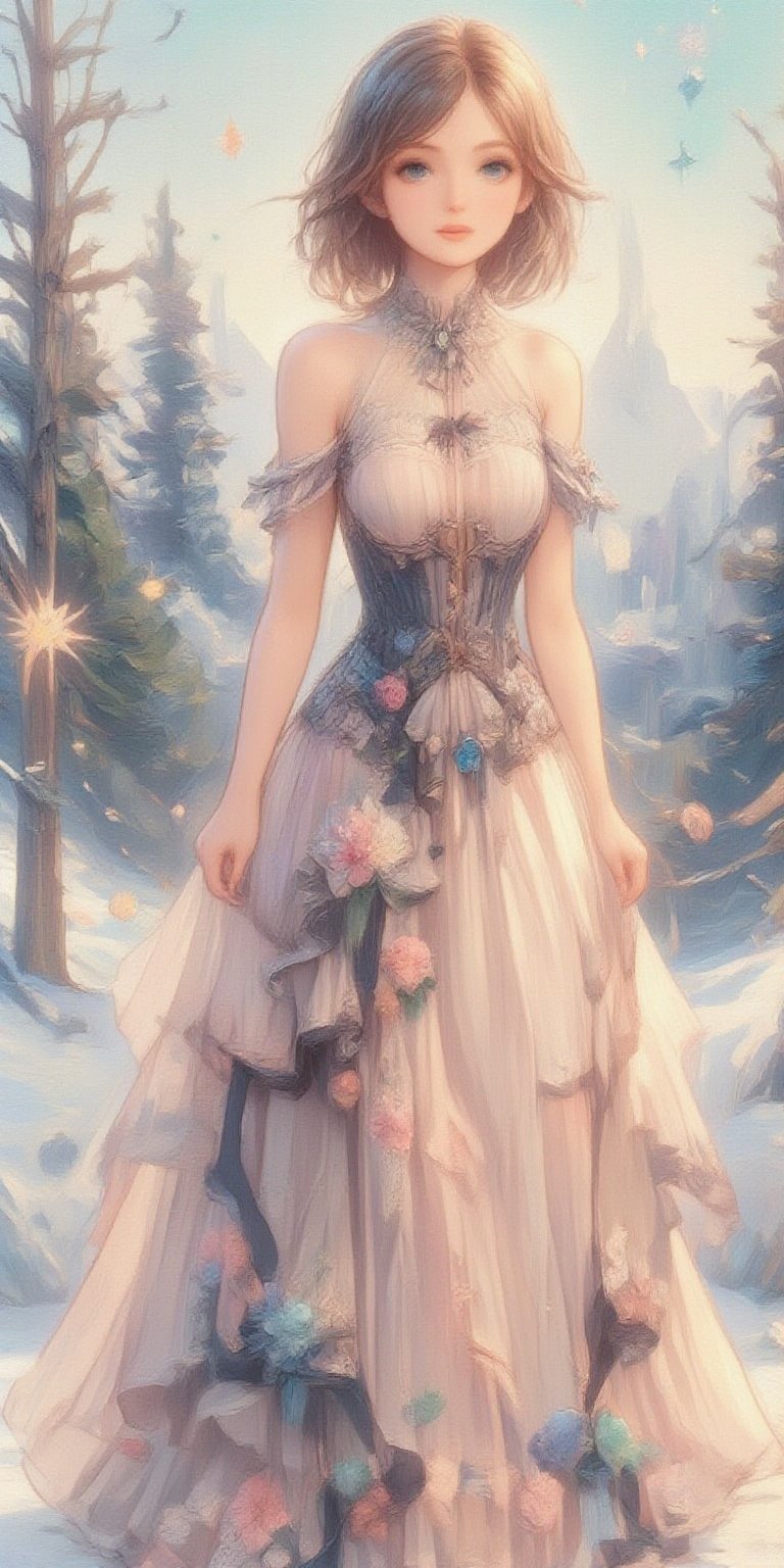 In this breathtaking oil painting on canvas, nodf_lora radiates elegance as a 18-year-old young girl stands solitary against the serene backdrop of a snow-covered winter wonderland. The soft glow of snowflakes surrounds her, highlighting the ethereal quality of her transparent dress. Her piercing light blue eyes sparkle like diamonds, drawing attention to her captivating features amidst the blurred mountains and trees in the background.