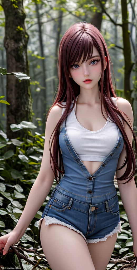 (Masterpiece, Photorealistic, hyper_realistic, high_resolution, HD, best_quality, perfect_light, highly_detailed, Award-winning cinematographer). a beautiful 18-year-old girl, looking at viewer at a dark and foggy forrest, her beautiful girly body proportions and smaller frame visible despite the eerie atmosphere. she poses confidently in a low-cut, collarless, sleeveless sweater with a floral pattern and very short denim hot pants.