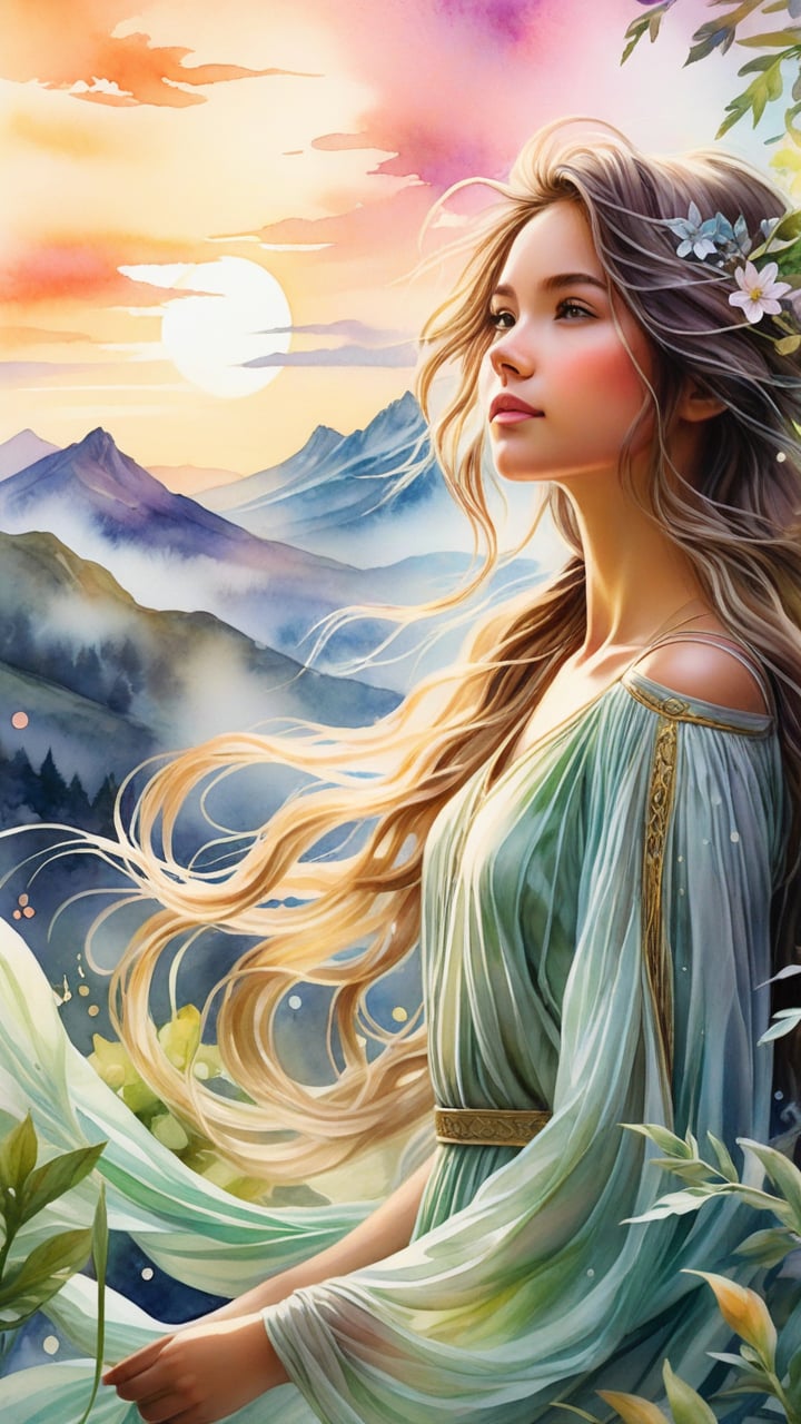 A delicate watercolor painting of a beautiful girl entranced by a radiant, set against a whimsical landscape. Softly glowing plants and misty mountains fade into the distance as the girl's flowing hair drifts lazily in an ethereal breeze. The dreamlike scene is characterized by surreal colors blending harmoniously, evoking a sense of wonder and enchantment in this fantasy-science fiction world.