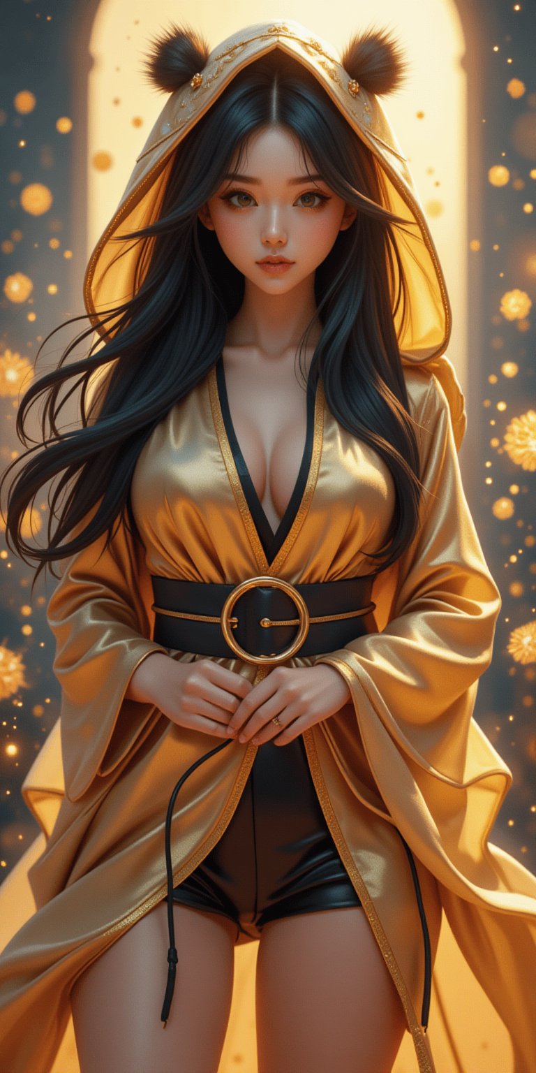 Kyoto Animation style anime, long hair, (((two girls))), beautiful, sexy black-haired woman, ethereal, (16 years old), with detailed and gorgeous hooded kimono, golden hooded kimono, miniskirt, fantasy punk. Cinematic lighting, ethereal light, intricate detail, extremely detailed, incredible detail, full color, intricate detail, extremely detailed and intricate, ultra-minimalist, extremely detailed, rich in color. Masterpiece, best quality, HDR, UHD, Unreal Engine. Representative, fair skin, rich details and high quality, gorgeous, 8k, ultra-details, gorgeous light and shadow, meticulous decoration, meticulous lines, glitter