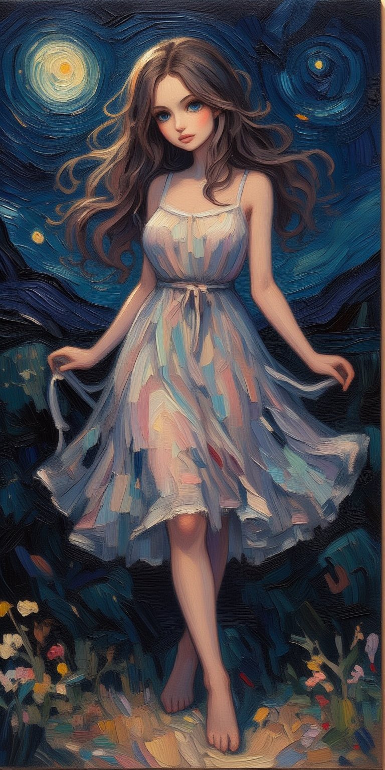 Oil painting on canvas, abstract oil painting : A stunning solo portrait of a beautiful women, blue eyes, glossy lips, perfect body, long waving hair, half_body, in a wonderland, night time, she stands alone under the moonlight, wearing a transparent dress, creating a contrast against the dark night. Dramaticaly views of mountain and hills on the background. (Highly detailed, Perfect light, more contrast)