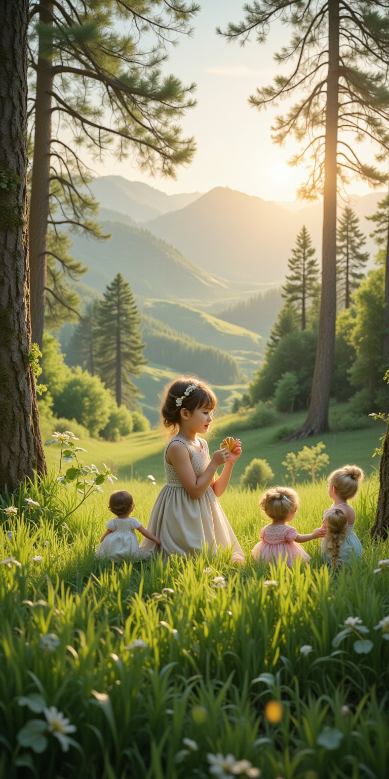 Captivating scene of a young girl surrounded by lush green high grass, her petite frame amidst the verdant landscape as she plays with dolls. Framed by a serene expanse of hills and valleys, punctuated by stately pine trees, the setting sun casts a warm glow. The dew-kissed blades of grass glisten in harmony with the gentle rustle of leaves.