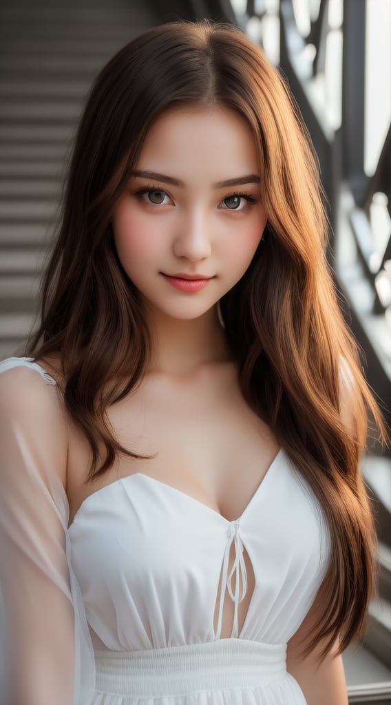 (RAW photo, Photorealistic, hyper_realistic, realistic_pictures, HD, high_resolution, 16k, best_quality, score_9, Ultra High Definition), photoshot of a young girl, 18 years old, stands on stairs, outdoors, exuding an angelic beauty and innocence. Her sensual expression is captivating, with large mysterious eyes that seem to glow in the light. Her perfect body is framed by see-through white dress that showcases a whole her beautiful body. She looks directly at the viewer with a subtle smile, her closed mouth adding to the enigmatic allure. Long hair falls around her face, partially obscured by bangs.