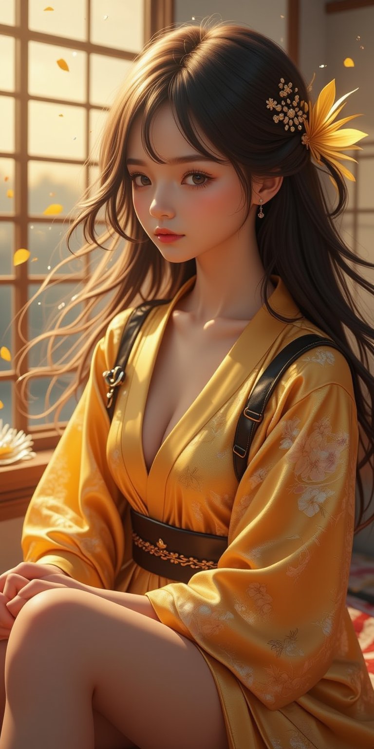 In a Kyoto Animation-style anime scene, two girls with long hair sit together in harmony. A stunning black-haired woman, aged 16, dons a breathtaking golden hooded kimono, paired with a miniskirt, exuding fantasy punk charm. Ethereal light bathes the duo, accentuating intricate details on her kimono and the surrounding environment. Cinematic lighting creates depth, while rich colors pop against a minimalist backdrop. The woman's fair skin glows, showcasing meticulous decoration and glittering accents. This is a masterpiece of anime art, rendered in 8K UHD with Unreal Engine precision, bursting with life-like details and captivating light and shadow effects.