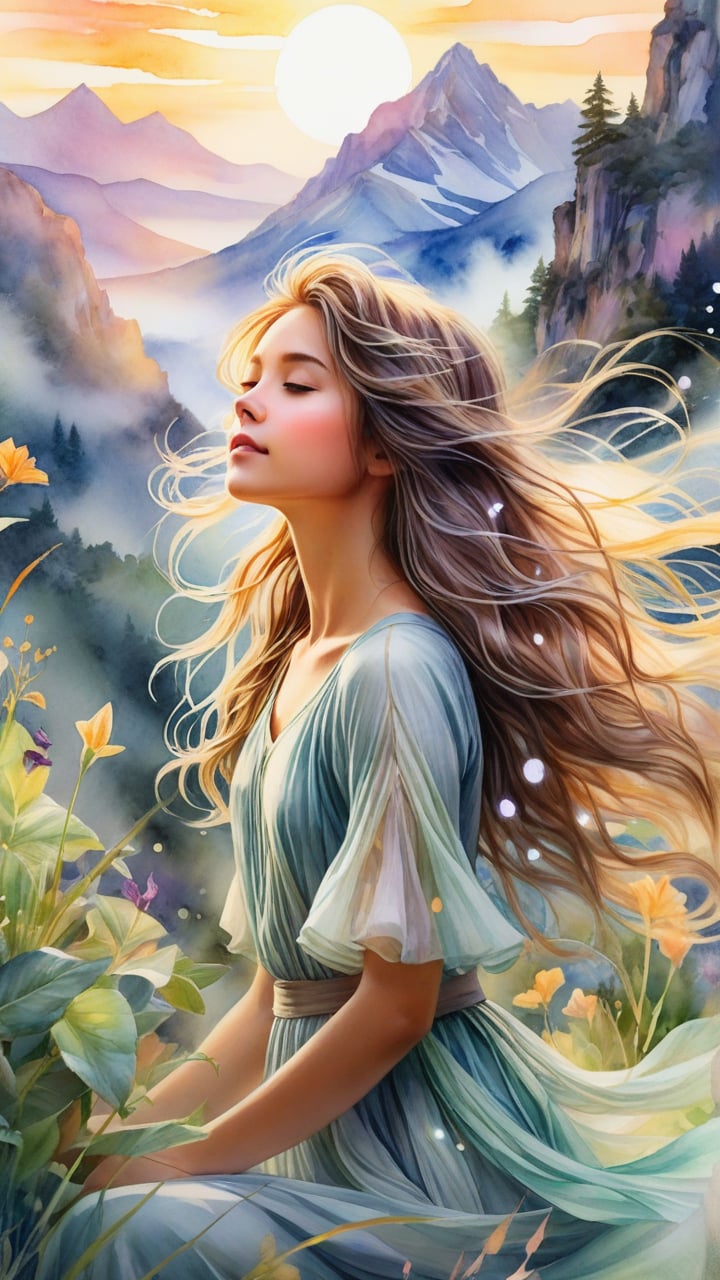 A delicate watercolor painting of a beautiful girl entranced by a radiant, set against a whimsical landscape. Softly glowing plants and misty mountains fade into the distance as the girl's flowing hair drifts lazily in an ethereal breeze. The dreamlike scene is characterized by surreal colors blending harmoniously, evoking a sense of wonder and enchantment in this fantasy-science fiction world.