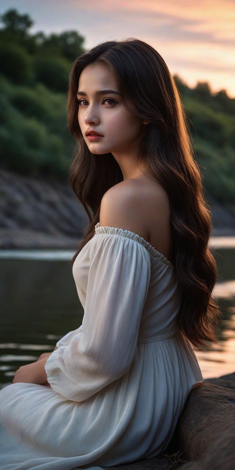 Masterpiece, photorealistic, HD, high_resolutions, 8k, A beautiful girl, 18 years old, dark brown long hair, brown_eyes, glossy_lips, perfect_body, wearing simple dress, sat alone by the river waiting for her lover who had long left her. The twilight atmosphere is beautiful but radiates sadness like the expression on the face of the grieving girl.