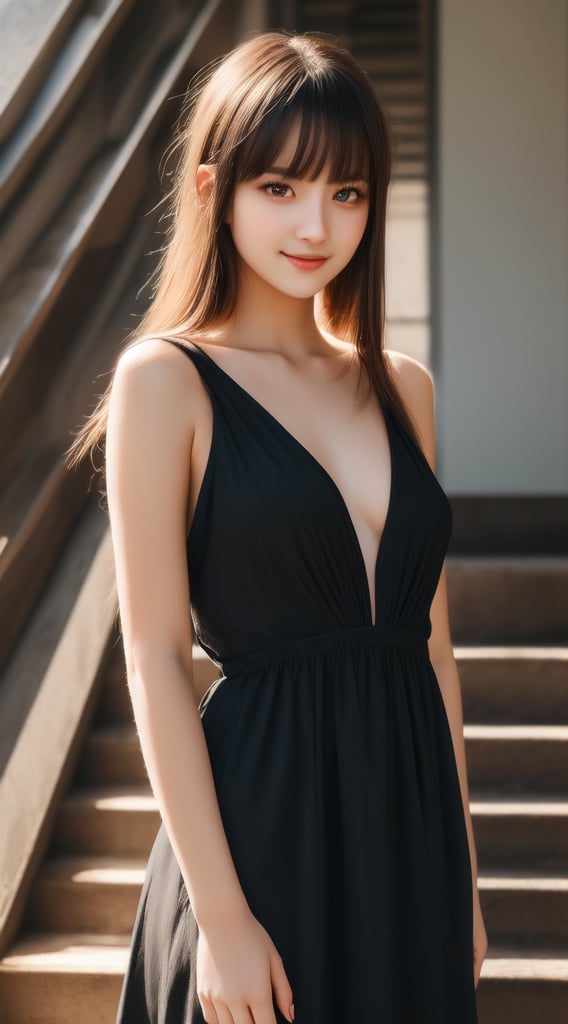 (RAW photo, Photorealistic, hyper_realistic, realistic_pictures, HD, high_resolution, 16k, best_quality, score_9, Ultra High Definition, perfect light), photoshot of a young girl, 18 years old, stands on stairs, outdoors, exuding an angelic beauty and innocence. Her sensual expression is captivating, with large mysterious eyes that seem to glow in the light. Her perfect body is framed by see-through simple dress that showcases a whole her beautiful body. She looks directly at the viewer with a subtle smile, her closed mouth adding to the enigmatic allure. Long hair falls around her face, partially obscured by bangs.