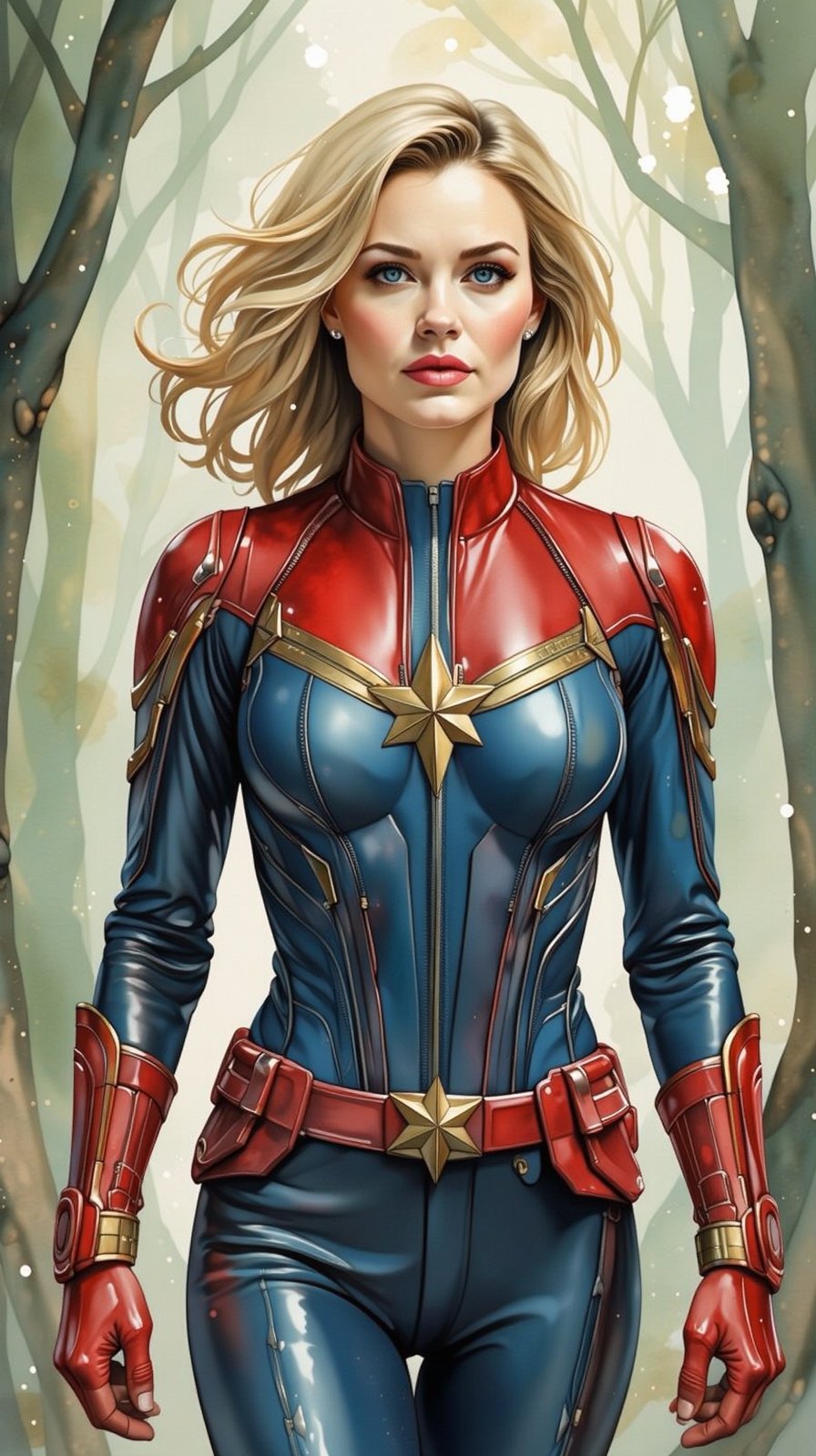 Watercolor-inspired portrait of a Captain Marvel. The background dissolves into an abstract blend of forest greens and browns, punctuated by occasional splashes of light creating a serene atmosphere. Her figure stands in high contrast against the muted backdrop, drawing focus, upper_body, bust