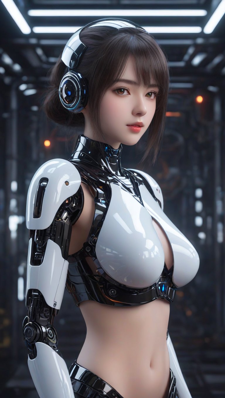 16k, Dark aesthetic, perfect body,  (beautiful girl, 18y.o, bright_eyes, translucent polycarbonate sci-fi robots), polycarbonate plastic frame, stunning unreal engine render, intricate details,( robot sexy girl), medium_brests, Oil Painting