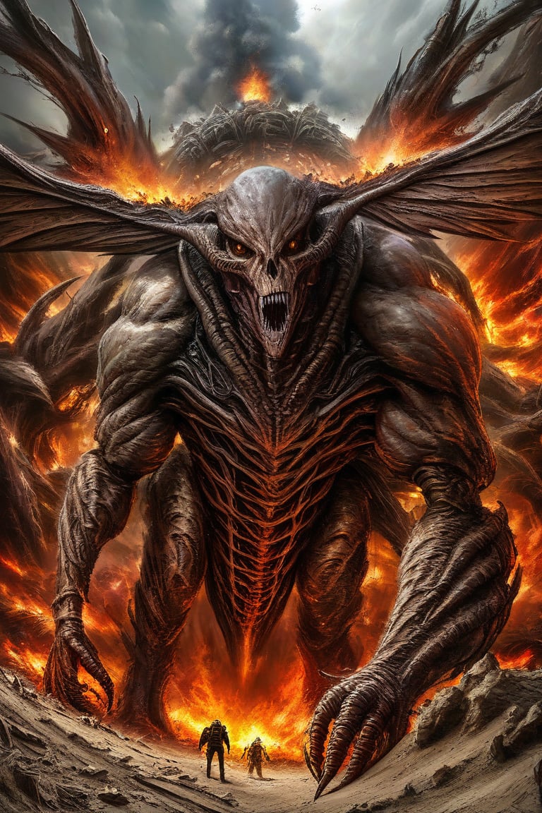 Photorealistic, highly detailed, warrior girl with widespread wings walking on an alien planet, intimidating, destruction, dystopia, alien planet, fire, post-apocalyptic, fantasy, Giger, 

monster, detailmaster2