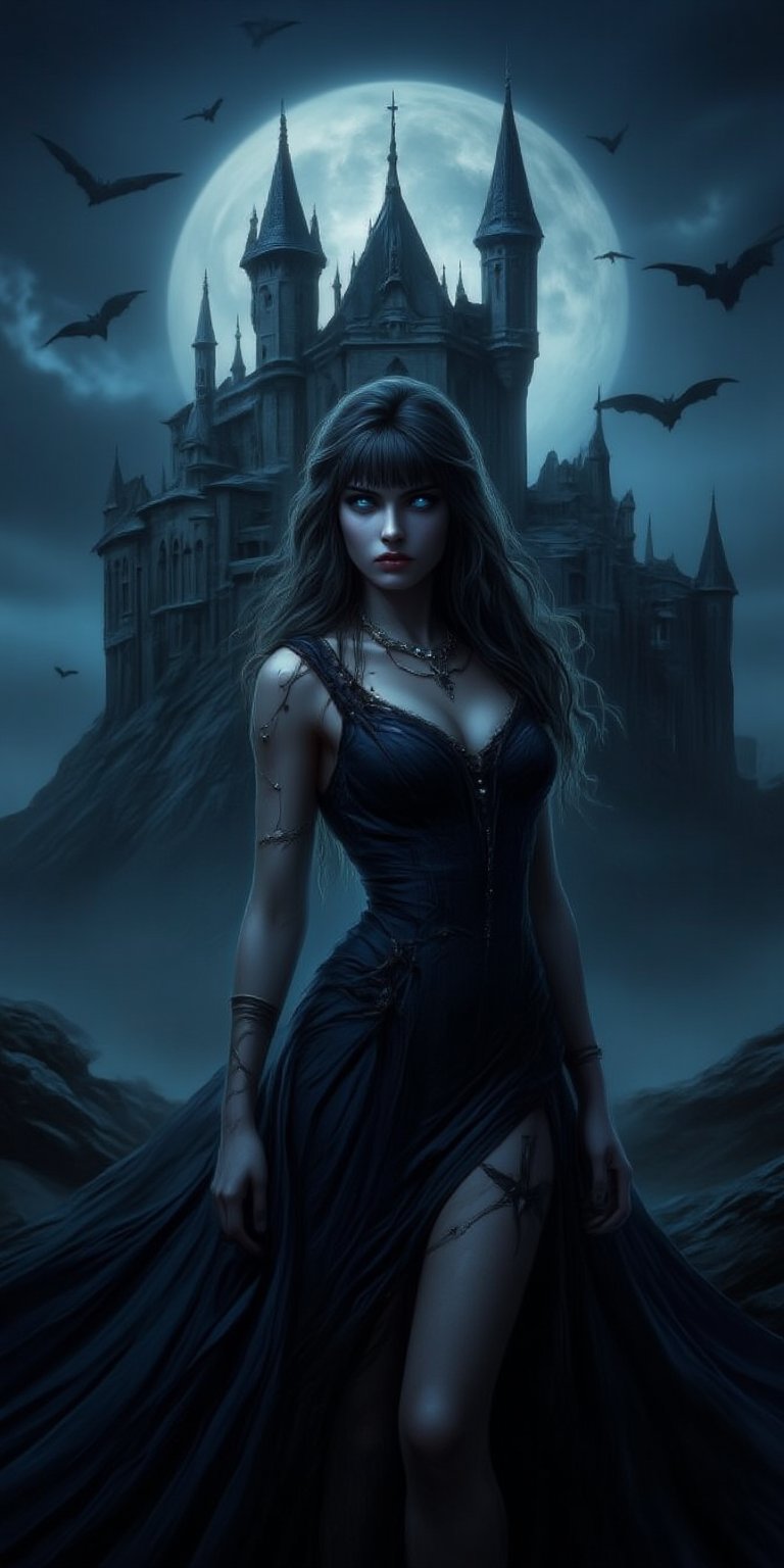 In a majestic shot, a stunning girl with luscious long wavy hair and bangs stands out against the eerie backdrop of Dracula's castle. Her piercing blue eyes shine like stars on a clear night as she dons a flowing black dress that hugs her curves. Glossy lips curve into a subtle smile as bats flutter in the darkness. The camera captures the dramatic views of the castle, its turrets and towers reaching towards the moon like skeletal fingers. The result is a hauntingly beautiful masterpiece, rendered in 16k resolution.