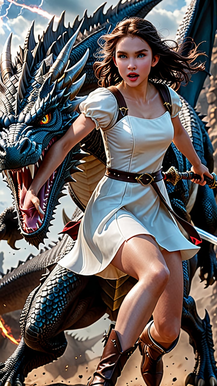 (Masterpiece, photorealistic, HD, high_resolutions, hyper_realistic, highly_detailed, 16k). A beautiful dragon hunter girl, 18 years old, white skins, dark brown long hair, light_blue_eyes, glossy_lips, perfect_body, wearing white dress, jumping in the air to attack a monsters dragon with a sword and no fear to facing the dragon. The dark night atmosphere but filled with brightly shining stars is the background for this epic battle.