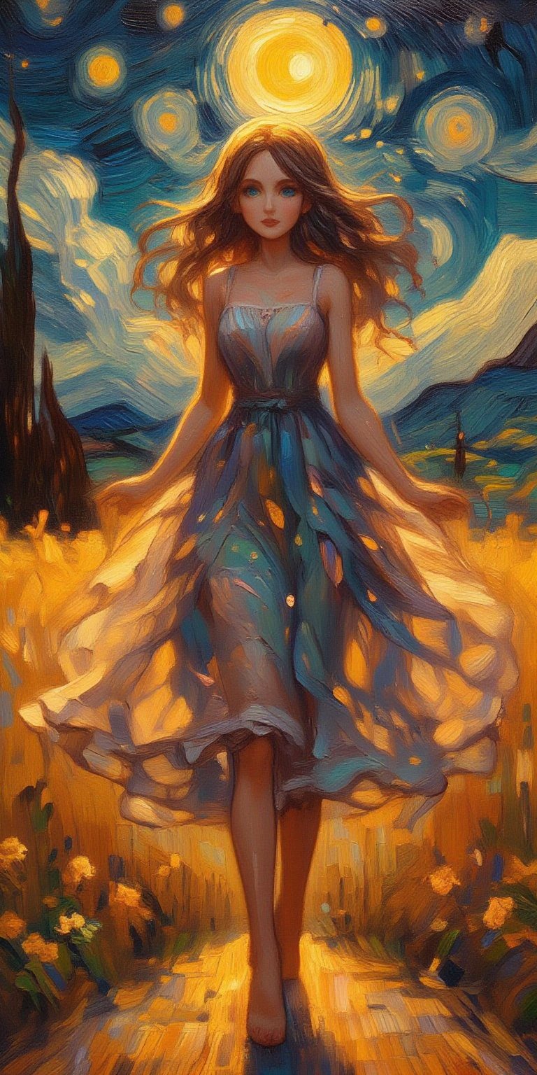 A majestic oil painting on canvas captures the ethereal essence of a ravishing woman, her piercing blue eyes and luscious lips glistening in the silvery moonlight. Her flowing locks wave gently as she stands serenely beneath the celestial glow, her translucent dress shimmering like stardust against the dark, mysterious night. The dramatic backdrop features majestic mountains and rolling hills, bathed in a warm, golden light that heightens the sense of wonder.