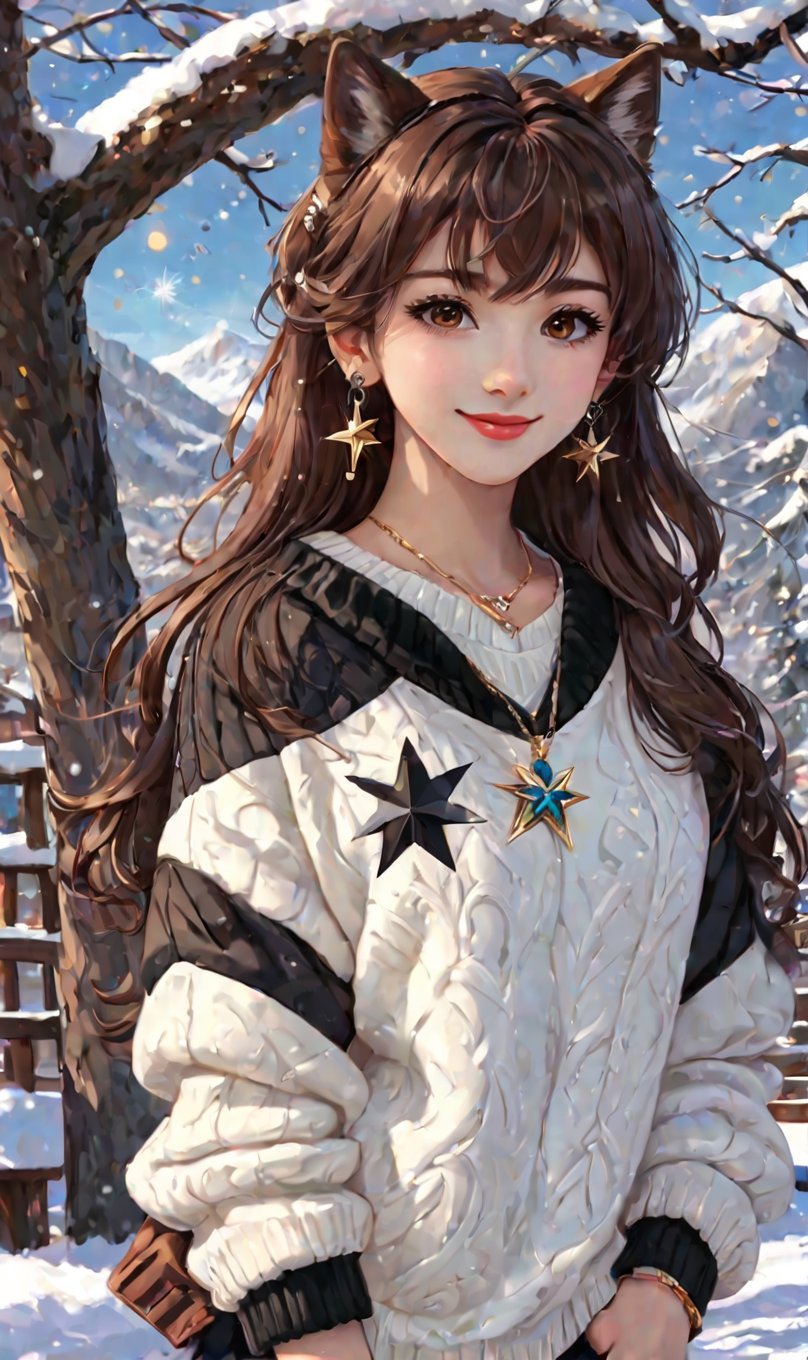 Anime, 1girl, long hair, looking at viewer, smile, bangs, brown hair, black hair, hair ornament, long sleeves, 1boy, brown eyes, jewelry, jacket, upper body, earrings, outdoors, parted lips, solo focus, necklace, star \(symbol\), sweater, lips, coat, fur trim, own hands together, ground vehicle, motor vehicle, snow, white sweater