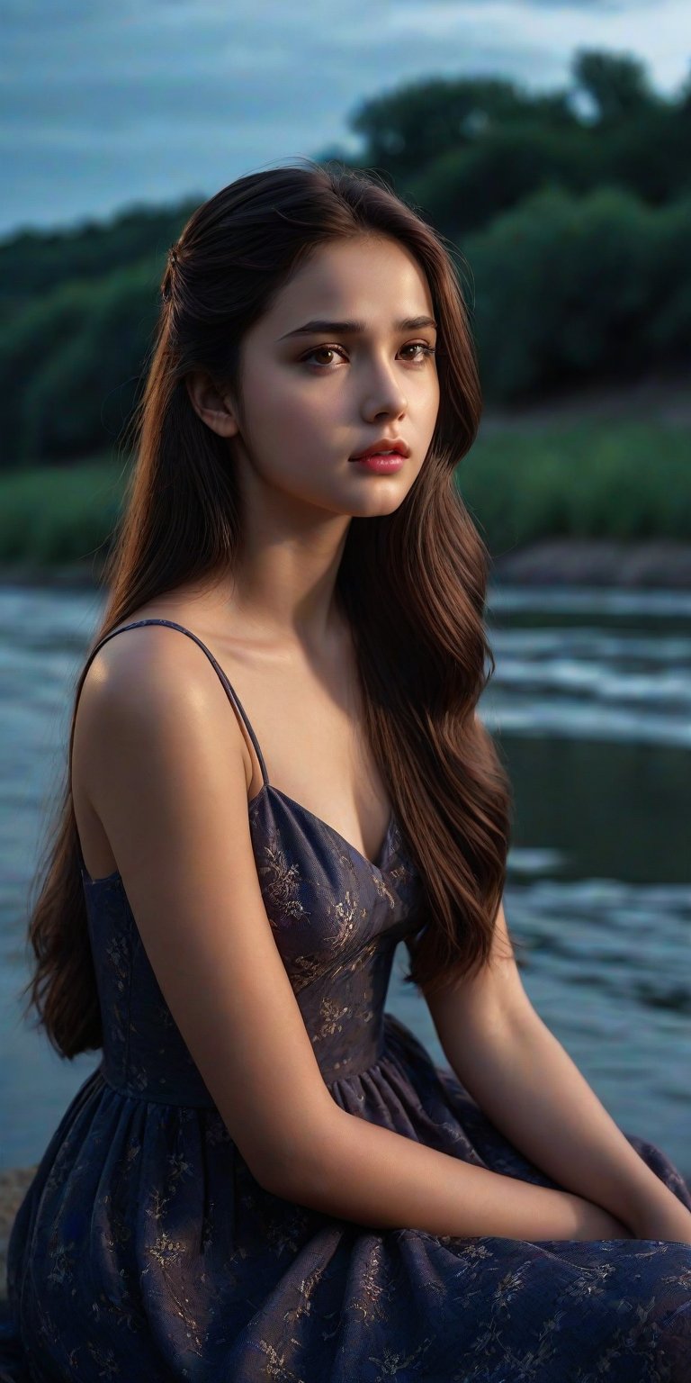 Masterpiece, photorealistic, HD, high_resolutions, 8k, A beautiful girl, 18 years old, dark brown long hair, brown_eyes, glossy_lips, perfect_body, wearing simple dress, sat alone by the river waiting for her lover who had long left her. The twilight atmosphere is beautiful but radiates sadness like the expression on the face of the grieving girl.