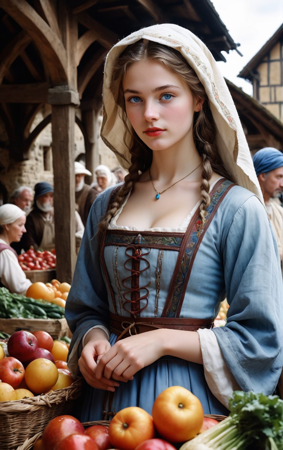 35mm film photography captures a very beautiful 18 years old medieval girl in traditional dress, natural beauty, light_blue_eyes, wet_lips, medium_breasts, vegetables and fruits, at a farmer's market, mysterious athmosfer medieval, masterpiece, High detailed, CrclWc, Detail, Half-timbered Construction, INK art, watercolor